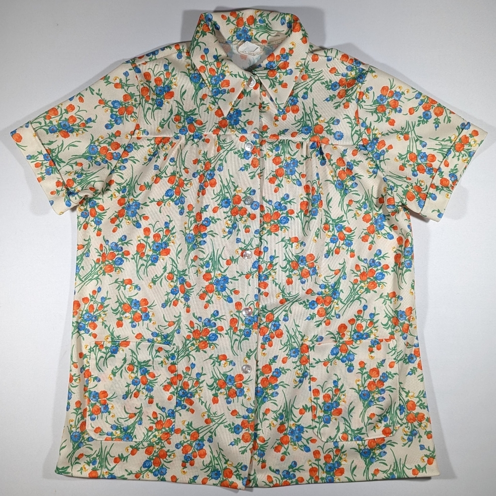 Vintage 60s 70s Floral Hippie Disco Button Up Shirt Womens Size 40 Land N Sea